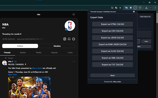Threads Scraper: Export Threads, Comments, Users & more :: Scrape Threads, Users, Followers, and more from Threads, with options to export in formats such as CSV, Excel, JSON and others