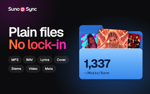 SunoSync · Bulk Suno Downloader :: Bulk Suno downloader: batch download your whole Suno AI library — MP3, WAV, stems, artwork, lyrics — into a folder you choose.