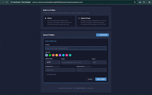 ProxyScrape - Proxy Manager :: Detect, test, and connect to proxies directly in your browser. Validate lists, switch IPs, and streamline workflows in one click.
