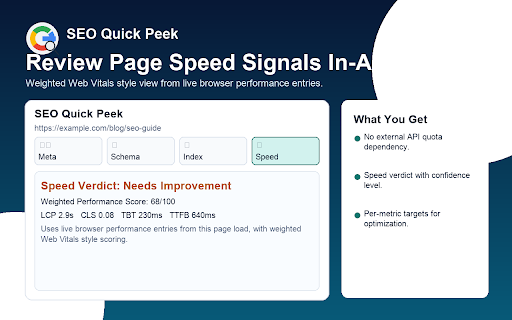 SEO Quick Peek :: One-click checks for meta tags, schema, and Google index status.