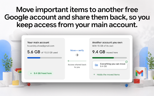 Storage Cleaner for Gmail, Drive & Google Photos: Up to 60 GB Free :: Free up space: delete junk or move items to another account and share them back. Use up to 4 accounts for up to 60 GB combined.