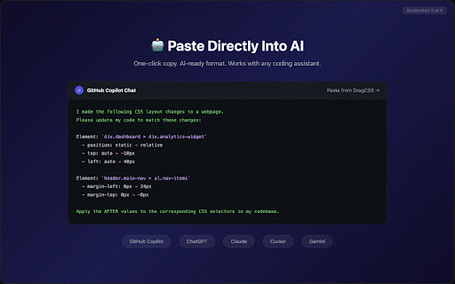 DragCSS — Copy Visual CSS Changes for AI & Copilot :: Drag any webpage element, see CSS changes live, and copy the diff to paste into Copilot, ChatGPT, or any AI.
