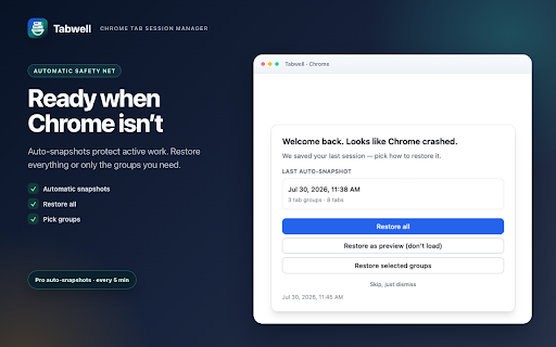Tabwell — Tab Session Manager :: Save and restore Chrome tab sessions with group names, colors, and collapsed state preserved. Local-first; no account.