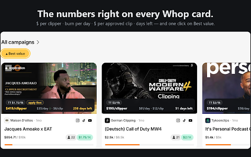 PotScout: Whop Content Rewards Clipping Campaign Filter :: Find the Whop clipping campaign that fits YOUR channel: country rules, platform rates, $/clipper and days left on every card.