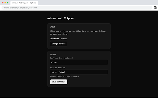mrkdwn Web Clipper :: Clip a selection or a whole page as Markdown, straight into a folder on your own disk.