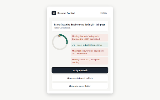 Resume Copilot - Job Match & Tailor :: Instantly score your resume match, then get AI-tailored bullets and a cover letter for any job listing.