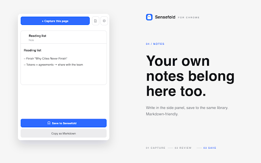 Sensefold Web Clipper: Articles, Videos, Threads, AI Chats, Markdown Export :: Clip articles, YouTube videos, threads & AI chats. Clean text, AI summaries, tags, Markdown export — context your own AI can use.
