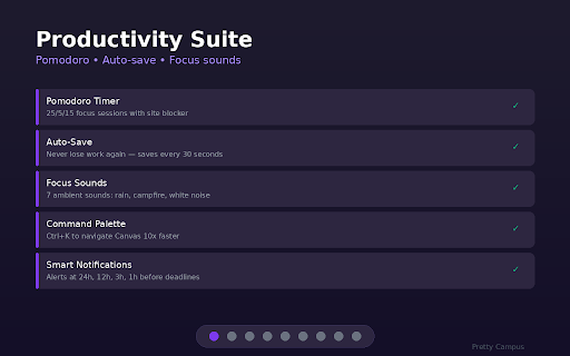 Pretty Campus - Canvas Dark Mode & GPA :: Dark mode, GPA calculator, auto-save, Pomodoro timer, smart notifications & 40+ themes for Canvas LMS.