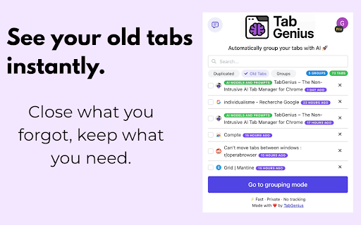 TabGenius – Non-Intrusive Tab Management :: Declutter your browser tabs with AI-powered grouping, filtering & bulk closing.
