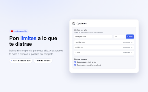 Tiempo en cada Web :: Mide tu tiempo en cada sitio y pon límites o modo foco.