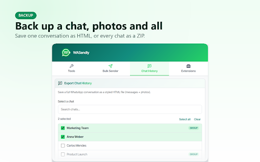 Export WhatsApp Contacts, Group Members & Chat Backup to Excel – WASendly :: Export & extract WhatsApp contacts, group members & phone numbers to Excel, CSV, vCard. Back up chat history as HTML with photos.