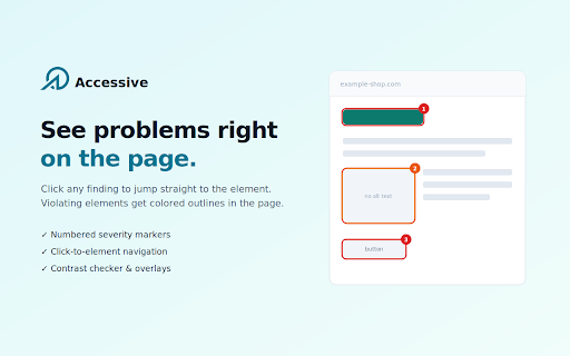 Accessive — Free WCAG Scanner :: One-click accessibility scan of the current page. Local, free, no signup. Upgrade to a full WCAG 2.2 audit on accessive.app.