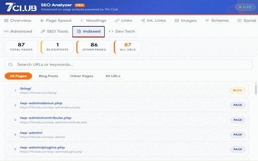 7thClub SEO Analyzer Pro :: On-page SEO analyzer: meta, headings, links, images, Core Web Vitals, schema, SERP preview, AEO/GEO scoring & audit reports.