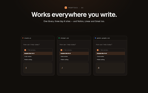 PromptDock: AI Prompt Manager :: Save your best AI prompts and reuse them on Claude, ChatGPT and Gemini with a slash command. Local-only, no account needed.