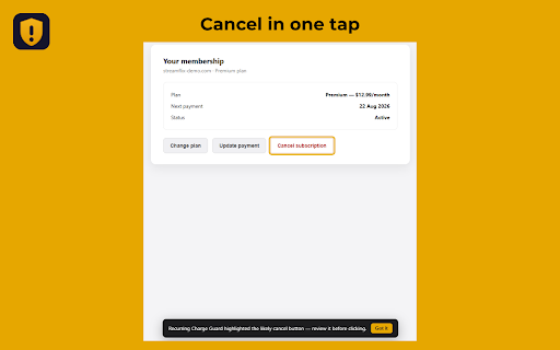 Recurring Charge Guard Pro :: Warns you before recurring charges at checkout, tracks your subscriptions, and reminds you to cancel before you're billed.