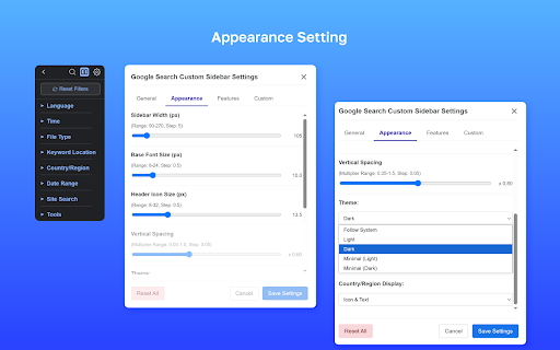 Google Search Custom Sidebar :: Customizable Google Search sidebar: quick filters (lang, time, filetype, country), site search, Verbatim & Personalization tools