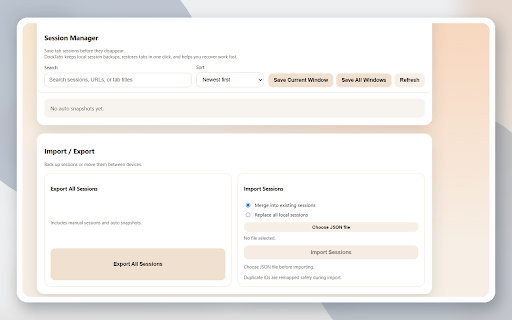 DockTabs - Tab Session Backup :: Local-first tab backup for Chrome. Save and restore sessions, keep snapshots, and recover tabs without sign-in.