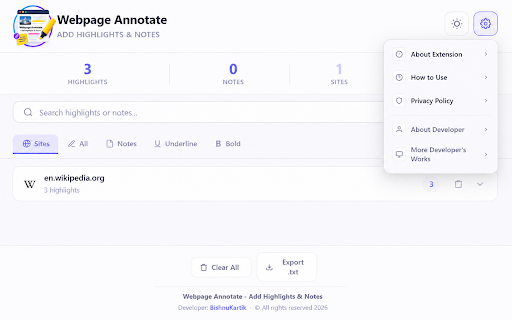 Webpage Annotate - Add Highlights & Notes :: Highlight text, add notes, and annotate any webpage and PDF. All saved locally.