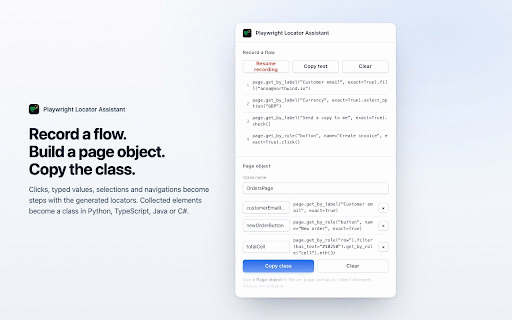 Playwright Locator Assistant :: Generate, verify and record stable Playwright locators for any element. Python, JS/TS, Java and C#.