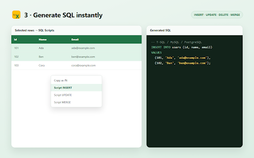Web Table to Excel & SQL :: Capture web tables & dropdowns, edit in a side panel, generate SQL, and export to Excel/CSV/HTML/JSON.