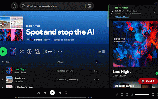 DigiMuziek AI Spotter :: Spot AI-generated music on Spotify: real-time detection, playlist scans, one-click block, optional auto-skip.