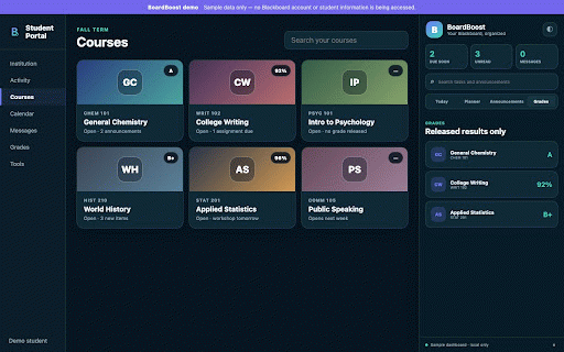 BoardBoost - Student LMS Dashboard :: A better dashboard for Blackboard Learn Ultra with tasks, announcements, grades, course customization, and dark mode.