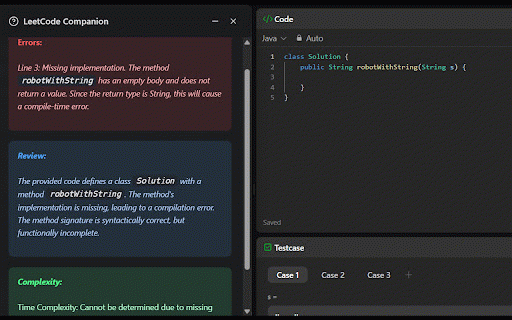 LT Companion :: Your AI LeetCode assistant: hints, code analysis, test cases, approach suggestions, and focused practice mode.