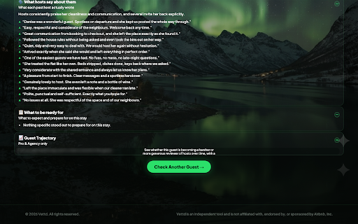 Vettd Guest Screener :: Reads an Airbnb guest's public review history and turns it into one clear score, so you know who's booking before they check in.