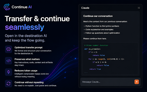 Continue AI — Move your AI chat across ChatGPT, Claude & Gemini :: Move an AI chat between ChatGPT, Claude, and Gemini. Your conversation only goes to another AI when you choose to send it there.