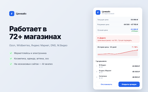 Ценвайз — Не переплачивай :: Показывает рыночную цену и где дешевле прямо на карточке товара. Ссылки на магазины партнёрские.
