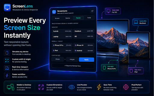 ScreenLens – Screen Resolution & Device Inspector :: Instant screen resolution, viewport size, device info, color picker, page ruler & responsive testing — all in one click.