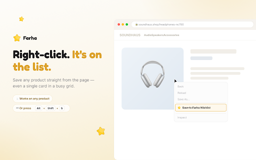 Universal Wishlist – Save Products from Any Website | Farha :: One-click save from Amazon, Etsy, eBay, Shopify or any store to your universal wishlist. Syncs with the free Farha app.
