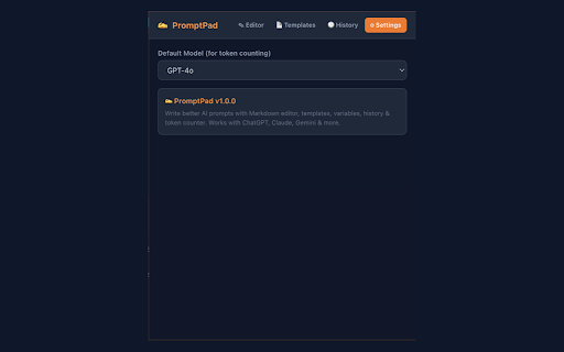 PromptPad - Markdown Prompt Editor :: Write better AI prompts with Markdown editor, templates, variables, history & token counter. Works with ChatGPT, Claude, Gemini.
