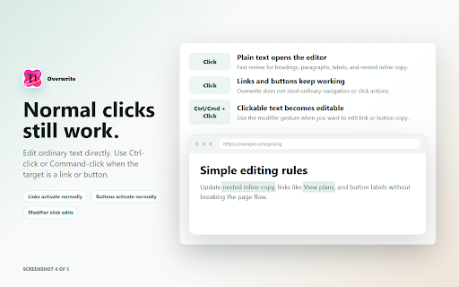 Overwrite :: Edit rendered page text in place and export compact text patches for coding agents.