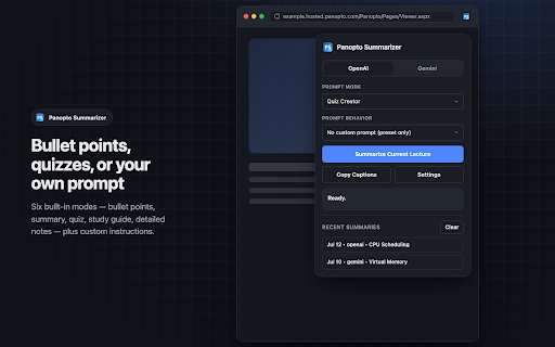 Panopto Summarizer :: Extract Panopto captions and summarize lectures with your own OpenAI or Gemini API key.
