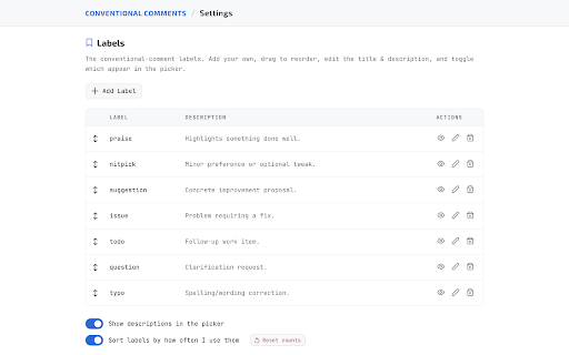 Conventional Comments :: Autocomplete picker for Conventional Comments labels and decorations in GitHub and GitLab MR/PR comment boxes.