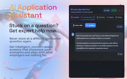 AI Cover Letter Side Panel :: Generate personalized cover letters & answer application questions with AI. Track jobs, analyze stats, and land interviews faster.