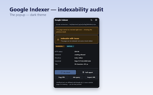 Google Indexer — indexability audit :: Unofficial offline auditor: robots.txt, meta robots, canonical, hreflang, structured data, sitemap. Submits nothing.