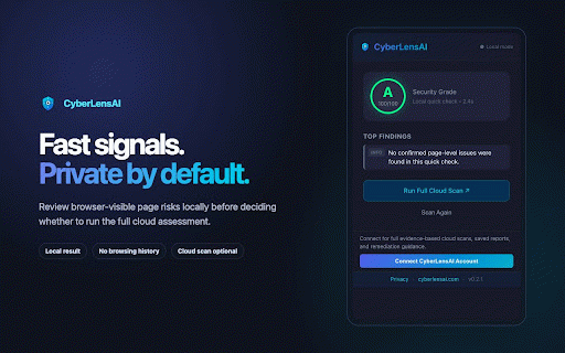 CyberLensAI Website Security Scanner :: Run a private page-level quick check or start a full CyberLensAI cloud security scan for the website in your active tab.