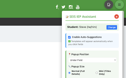 SEIS IEP Assistant :: Template verbiage assistant for SEIS IEP forms with field-specific templates, custom template creation, and individual customization