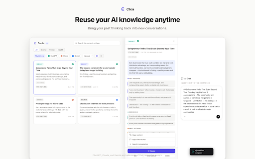 Ctxia — AI Memory for ChatGPT & Claude :: Save, organize, and reuse AI conversations from ChatGPT, Claude, Gemini, and DeepSeek with AI-powered knowledge cards.