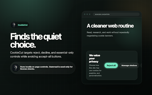 CookieCut — Auto-Reject Banners :: Silently selects the minimal-tracking option on cookie consent banners. 100% local.