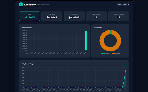 Kontinuity :: Track AI coding costs. Prevent context drift. Never lose the thread.