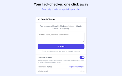 DoubleChecks - AI Fact Checker :: Fact-check ChatGPT & Claude answers inline with 3 independent AIs. Red/Amber/Green verdicts with sources.