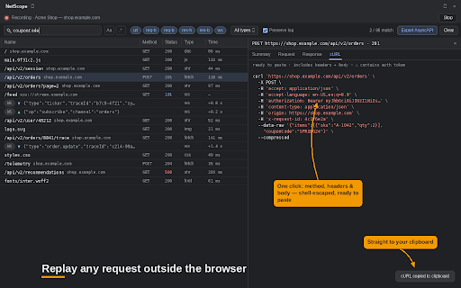 NetScope – Search Network Responses & WebSockets :: DevTools panel: search response bodies and live WebSocket frames, copy as cURL, export captured WS traffic as AsyncAPI 3.0.