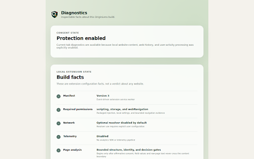 OriginLens :: Local-first phishing warnings using claimed identity, sensitive-data intent, verified domains, and bounded page behavior.