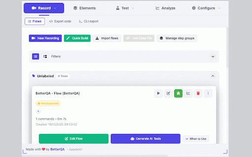 Flows - Browser Automation Testing by BetterQA :: Record browser actions, enhance with AI self-healing selectors, and run automated tests. Professional test automation made simple.