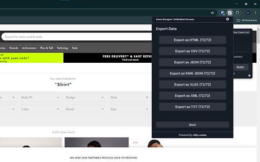 Asos Scraper: Export Search, Products, Reviews & more :: Scrape Product Listings, Cart, Reviews, and more from Asos, with options to export in formats such as CSV, Excel, JSON and others