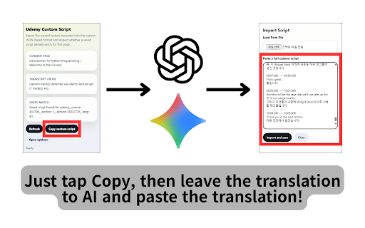Udemy Custom Script :: Export Udemy transcripts, translate them with AI or custom workflows, and display configurable subtitles in the player.