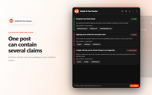 Reddit Lens - AI Fact Checker :: Fact check Reddit image posts and selected text with AI, live web evidence, clear verdicts, and clickable sources.